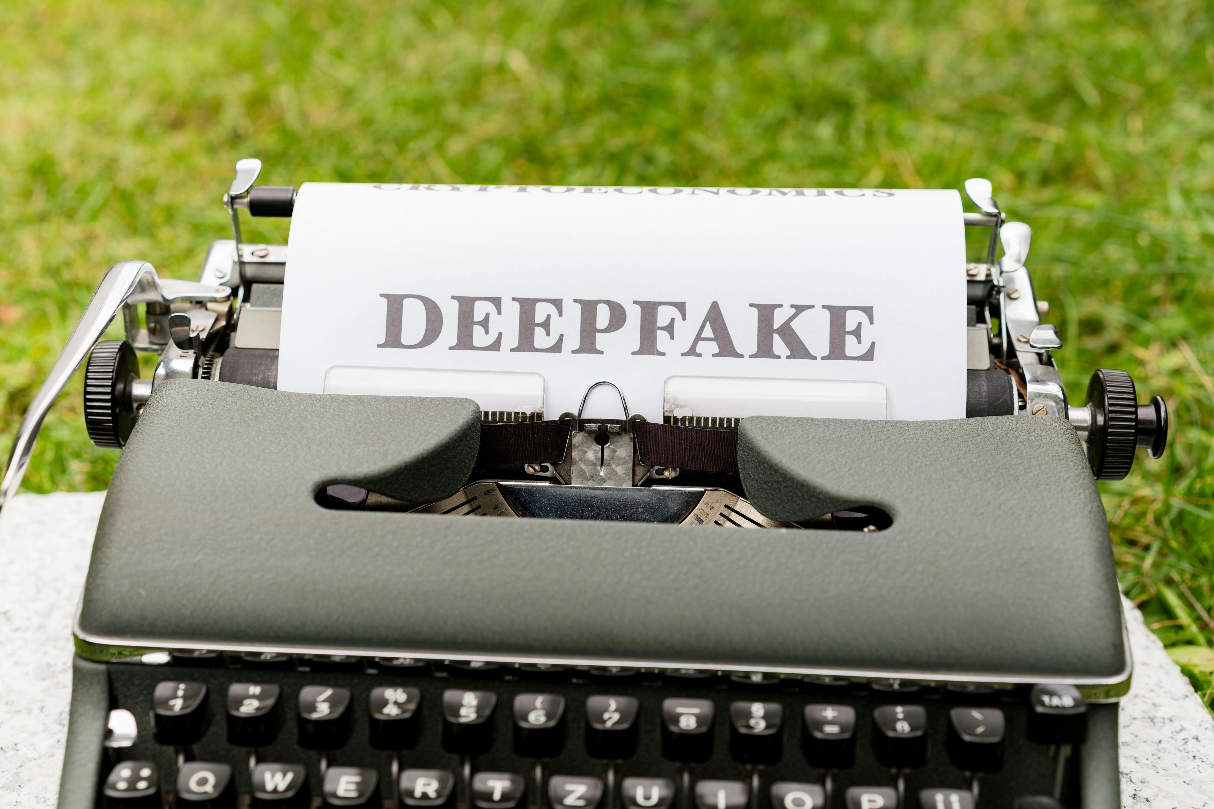 Main image of the post. "Deepfake" printed by a typewriter.