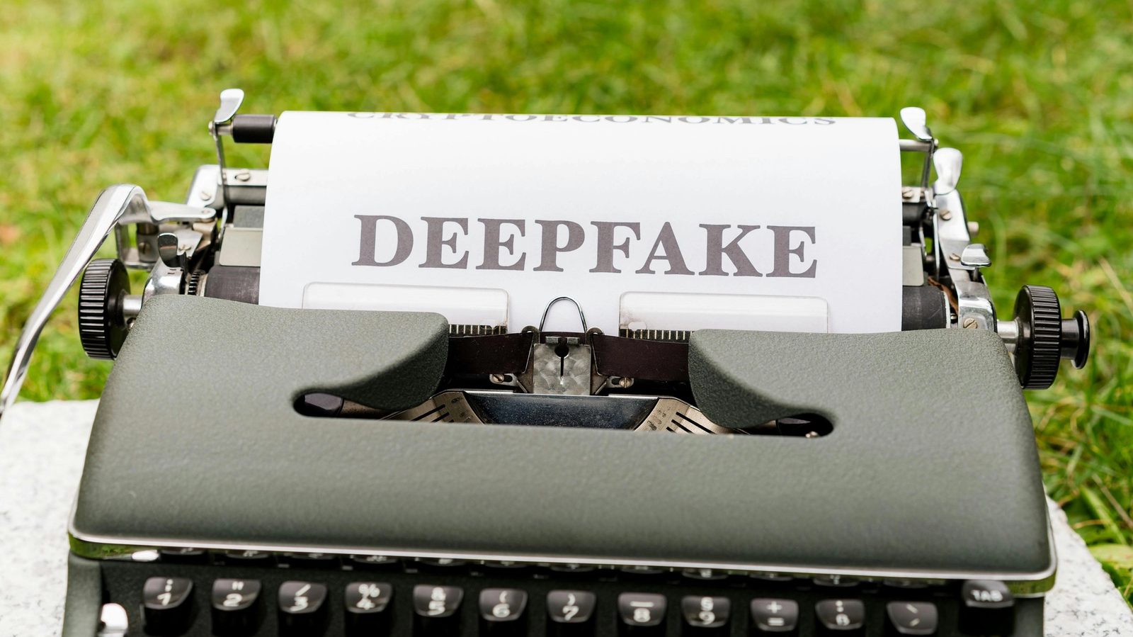 Main image of the post. "Deepfake" printed by a typewriter.