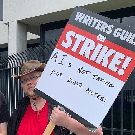 AI protest sign at the writer's guild association protest in 2023