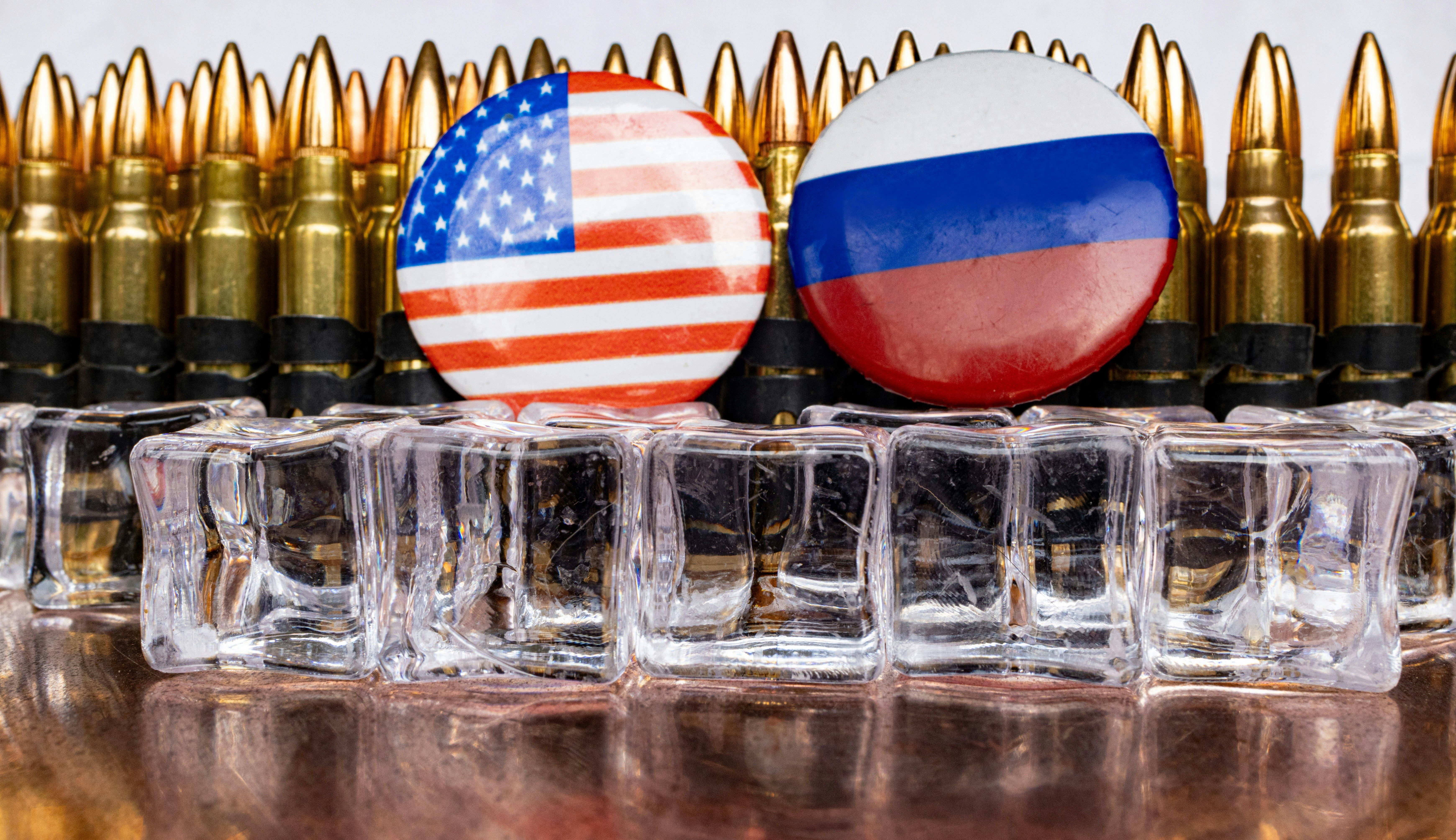 Bullet casings with American and Russian flag colors