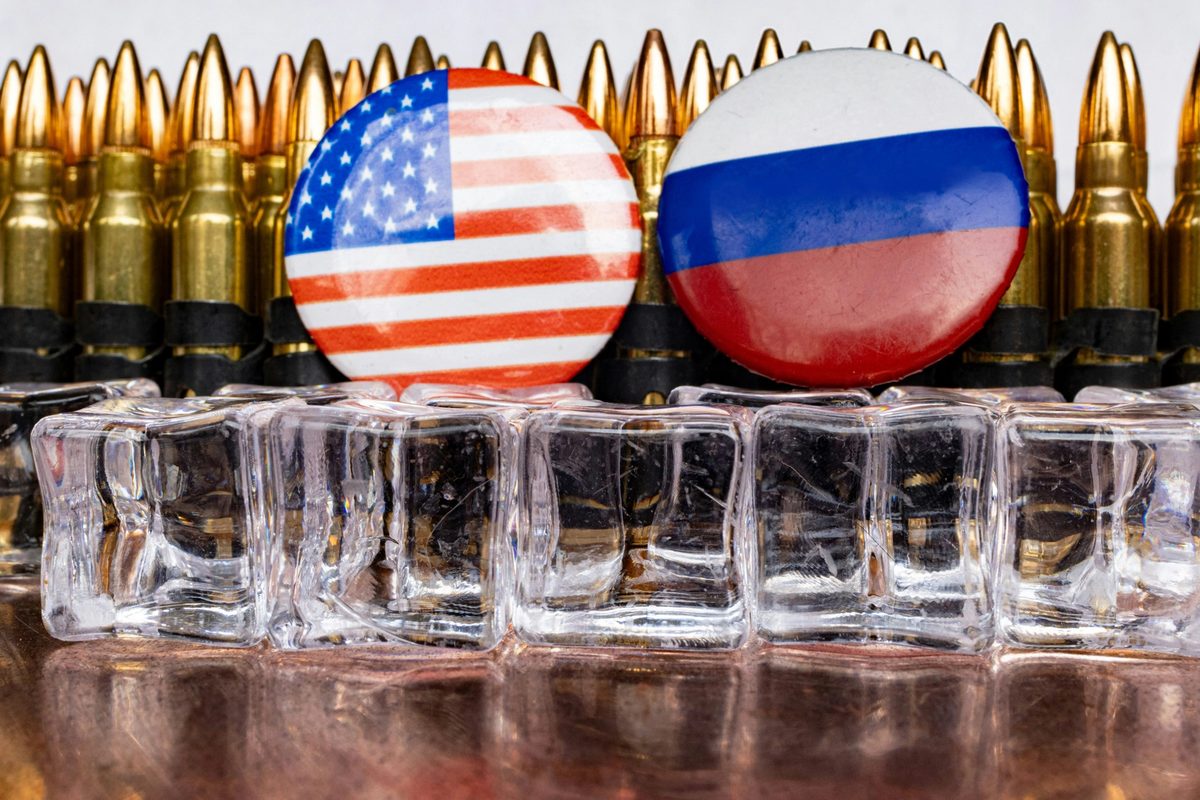 Bullet casings with American and Russian flag colors