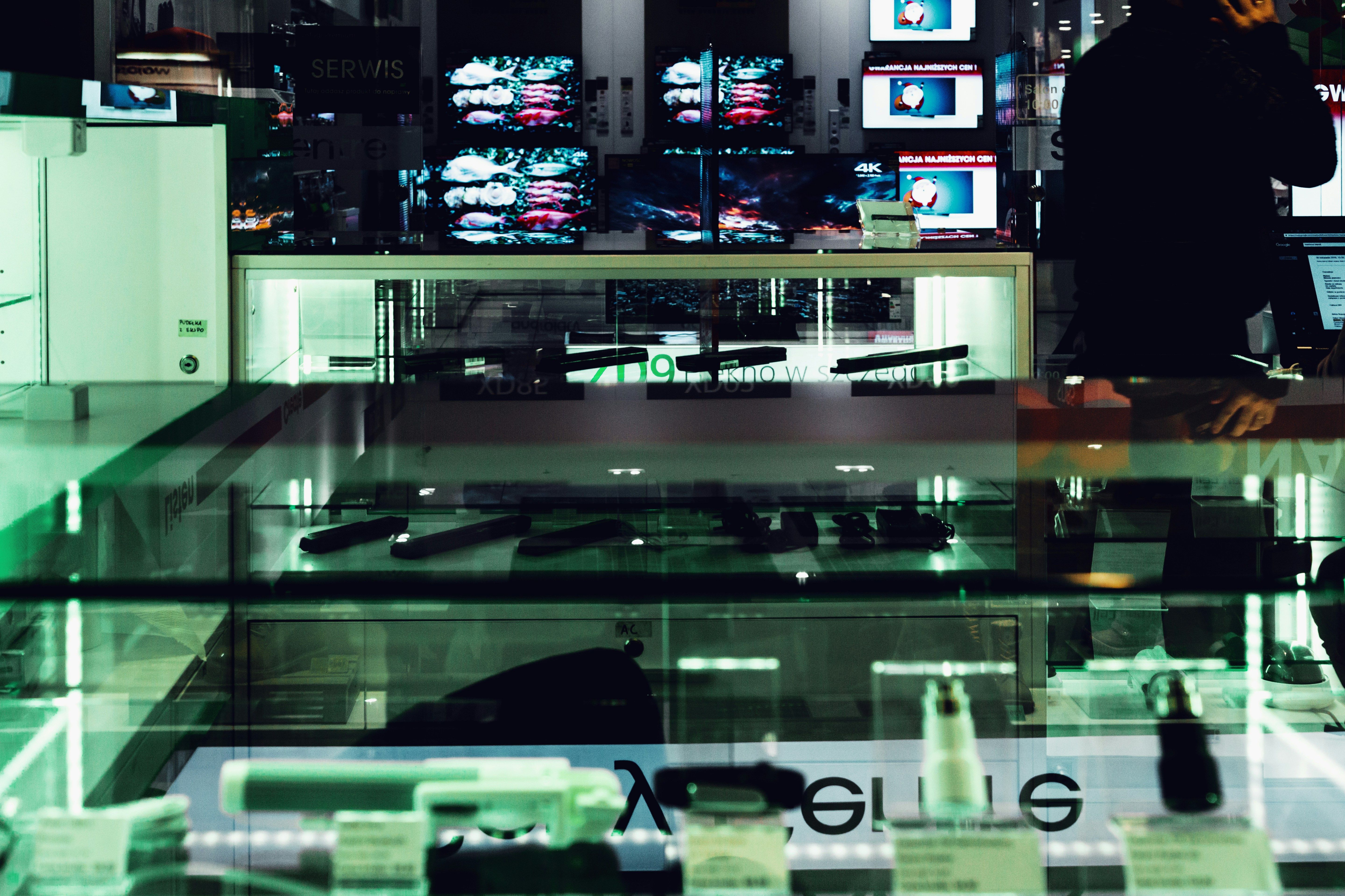 Clear glass display counter at an electronics shop