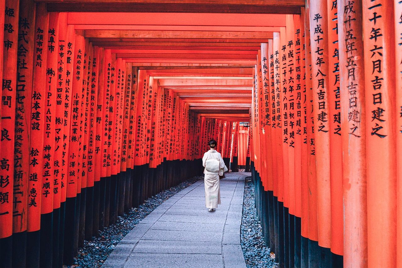 Woman in Kimono walking down Torii path