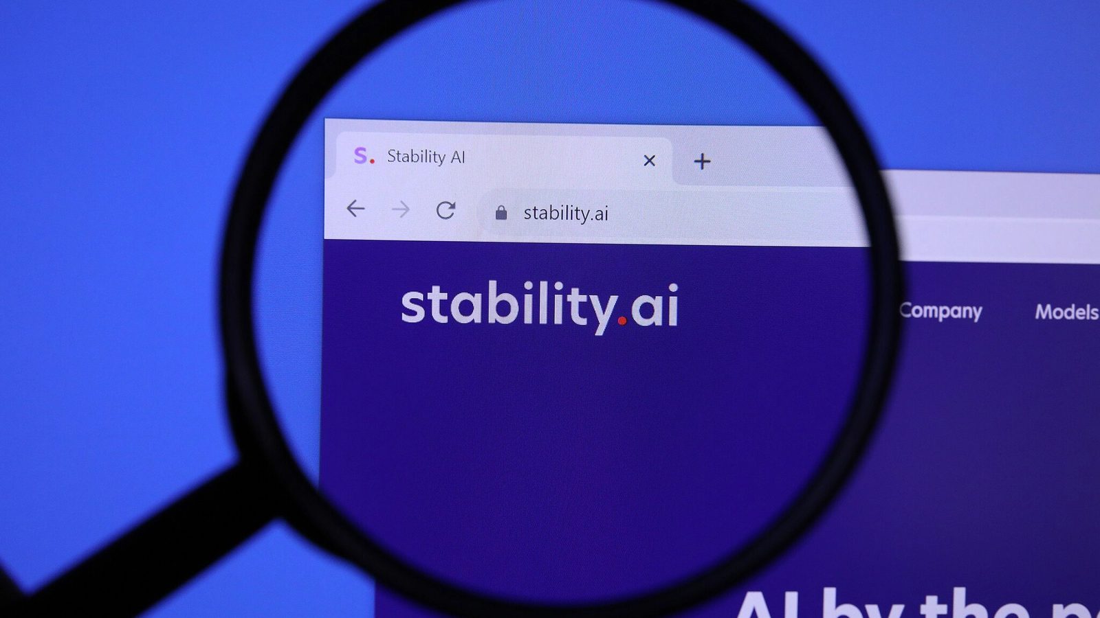 Main Image: A magnified section of Stability AI webpage focusing on the logo