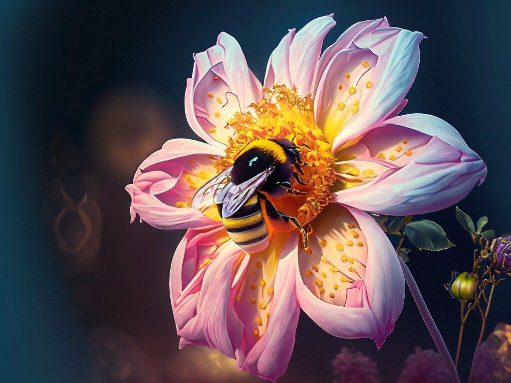 AI Generated art of a bee on a flower under the moonlight.