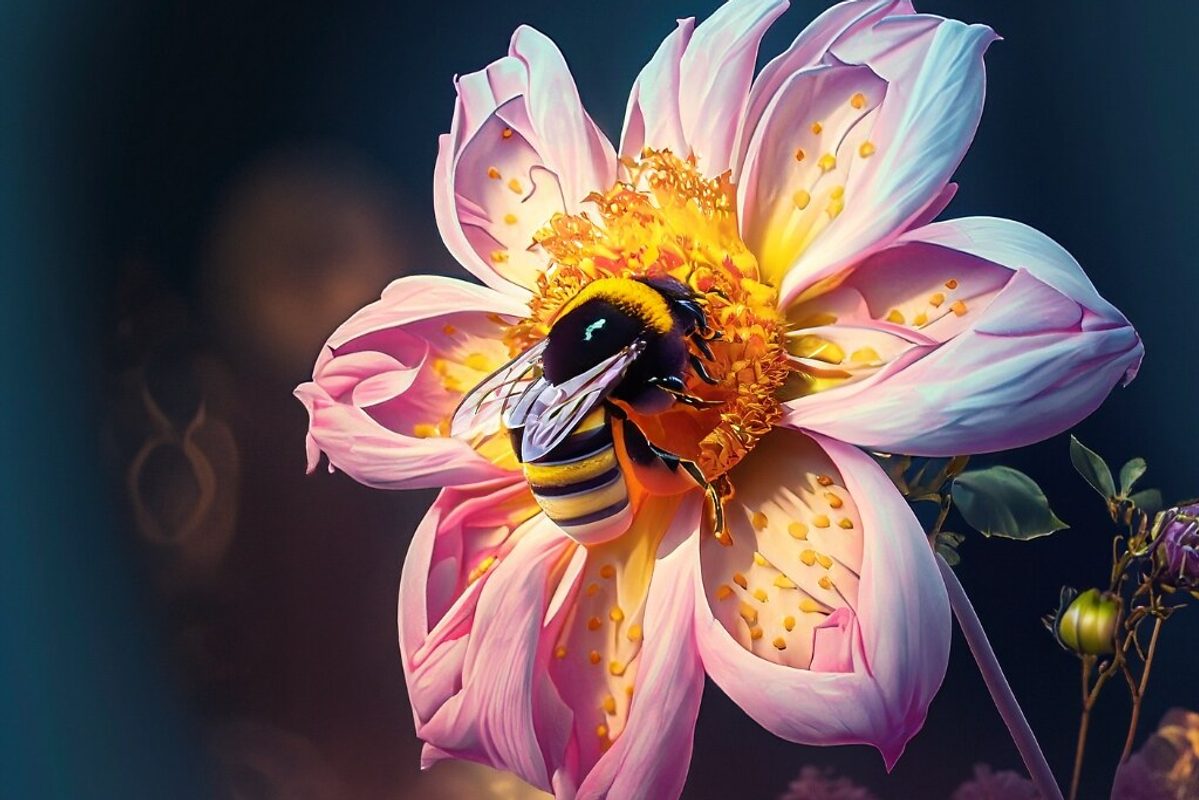 AI Generated art of a bee on a flower under the moonlight.