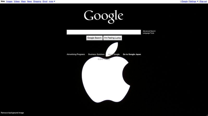 Google search homepage with apple theme