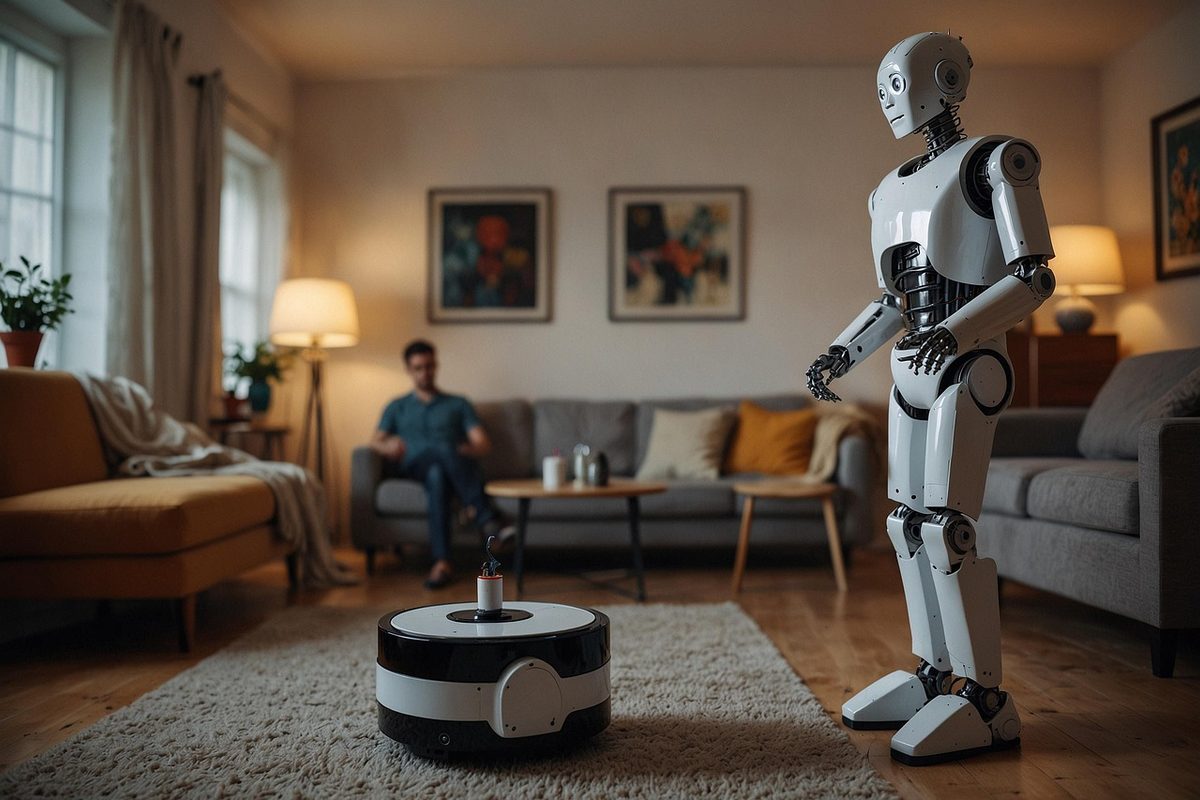 A household robot next to a robot vacuum cleaner with the house owner in the backdrop