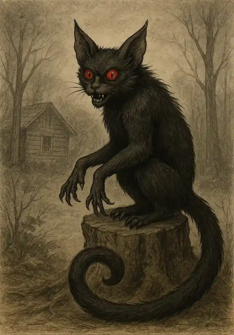 Vintage field-guide style illustration of the Tailypo, a black, cat-like creature with huge pointed ears, glowing red eyes, long hooked claws, and an exaggerated curled tail, perched on a tree stump in a foggy forest with a small wooden cabin in the background; caption below reads ‘TAILYPO