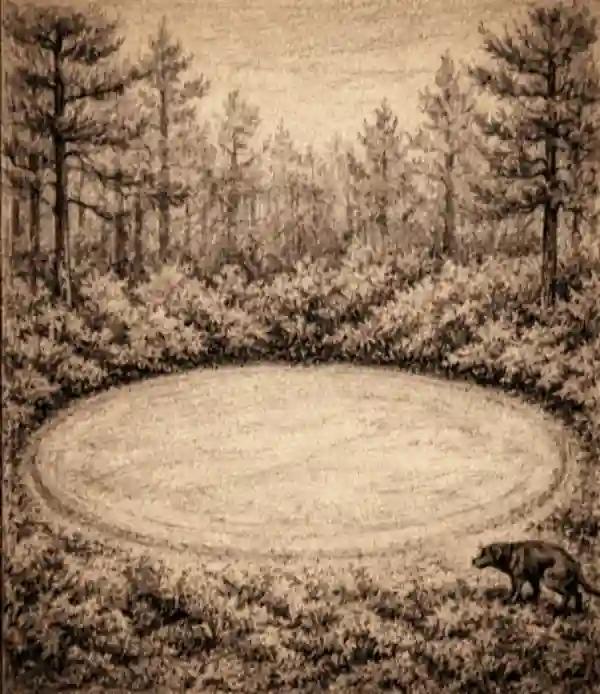 Sepia field sketch of a perfectly circular barren clearing in dense forest, with a small dog at the edge.