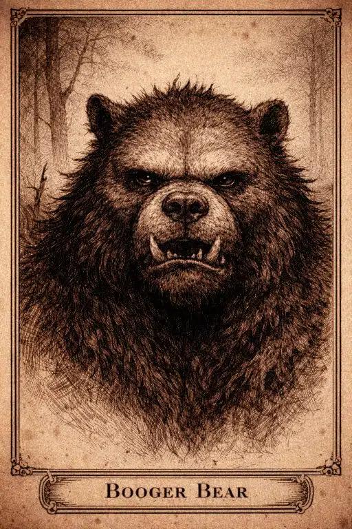 Antique field-guide engraving of the Booger Bear, a  bear-like cryptid glaring forward on aged parchment.