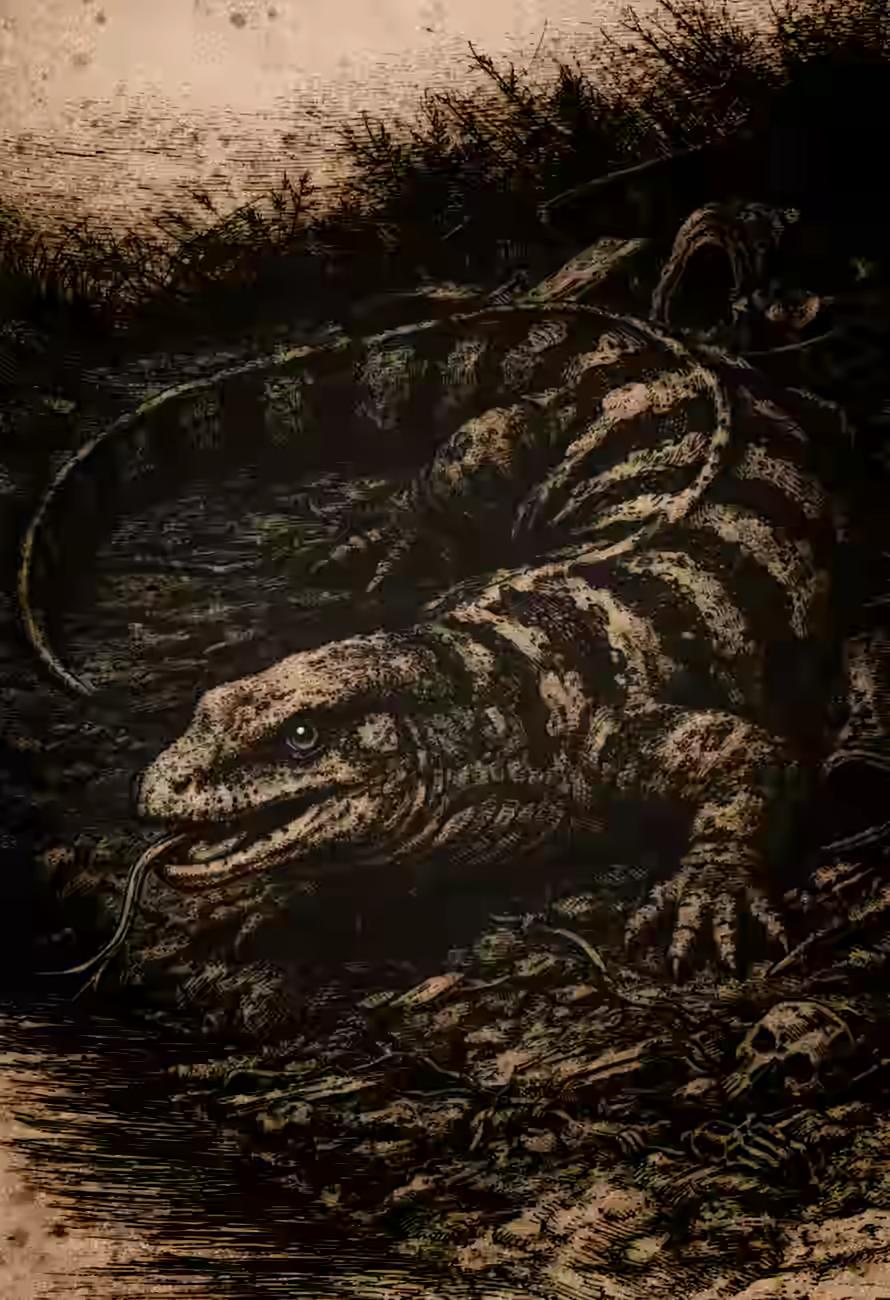 Antique field-guide style illustration of the Milton Lizard, a large striped, salamander-like cryptid crouched in muddy ground. The creature has mottled bands across its body, a long curling tail, and a low, watchful posture with its tongue slightly visible. Bones and debris scatter the foreground while dense brush darkens the background. A decorative engraved border frames the plate, with a nameplate at the bottom reading “Milton Lizard.”