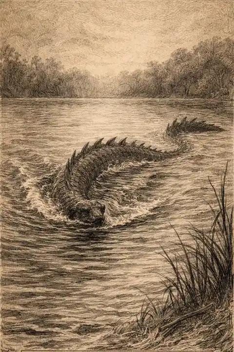 epia-toned vintage field-guide illustration of a long, spined, serpentine “lake monster” surfacing in choppy water, with wooded shoreline and reeds in the foreground, framed like an old print and labeled “LAKE NORMAN MONSTER.