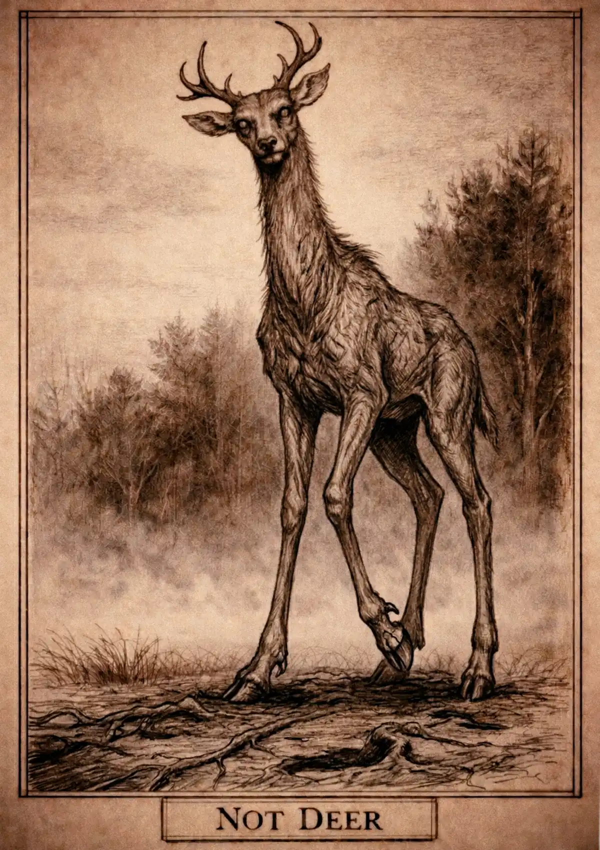 Tall, unnatural deer with long legs and forward-facing eyes, standing still at the edge of foggy Appalachian woods