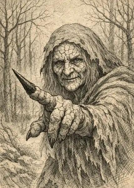 A stone-faced elderly woman silhouette on a mountain trail at dusk, one hand kept hidden; the scene is styled as a Bureau evidence plate with a marked ridge line.