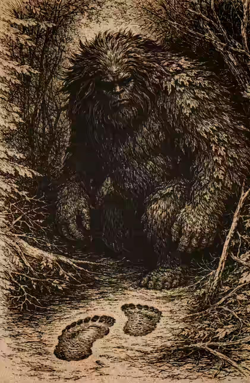 Sepia-toned vintage field guide illustration labeled “Woodbooger.” A large, shaggy, Bigfoot-like creature crouches in a forest clearing, partially framed by dense brush and bare branches. The creature has long, dark, matted fur and a heavy, muscular build, with a shadowed face and intense expression. In the foreground, two oversized humanoid footprints are imprinted in the dirt path. The image features detailed cross-hatching, an antique parchment background, decorative border corners, and a nameplate at the bottom reading “Woodbooger.”