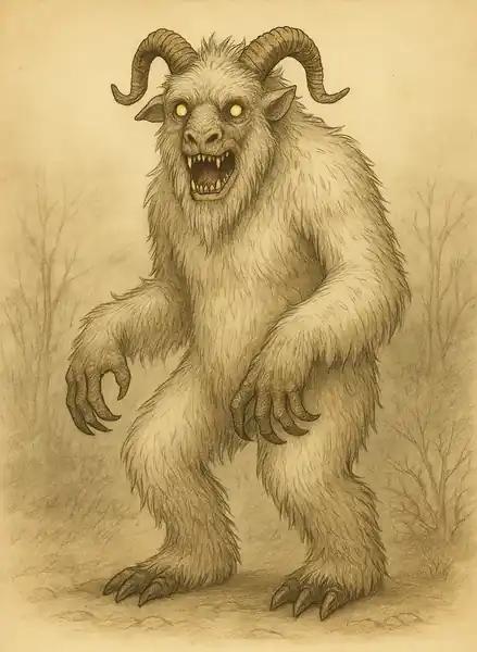Sepia field-guide illustration of a horned, shaggy goat-like sasquatch with glowing eyes and bared teeth, standing upright with clawed hands.
