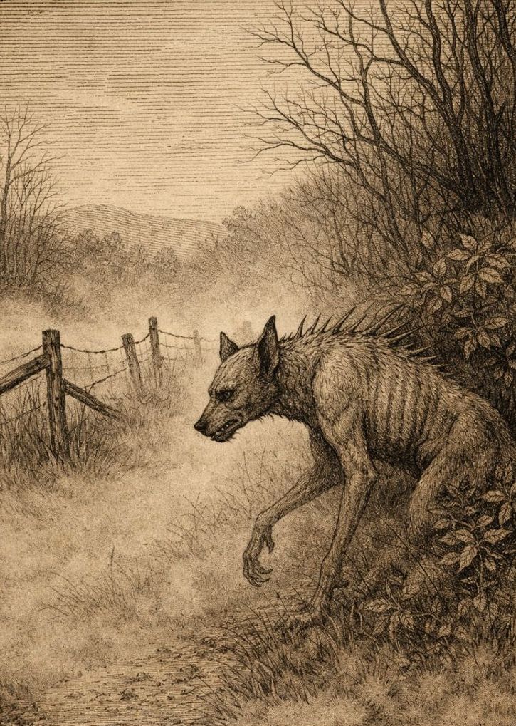 Sepia field-guide illustration of a gaunt, hairless, canine-like creature with large ears, long claws, and spines running down its back.