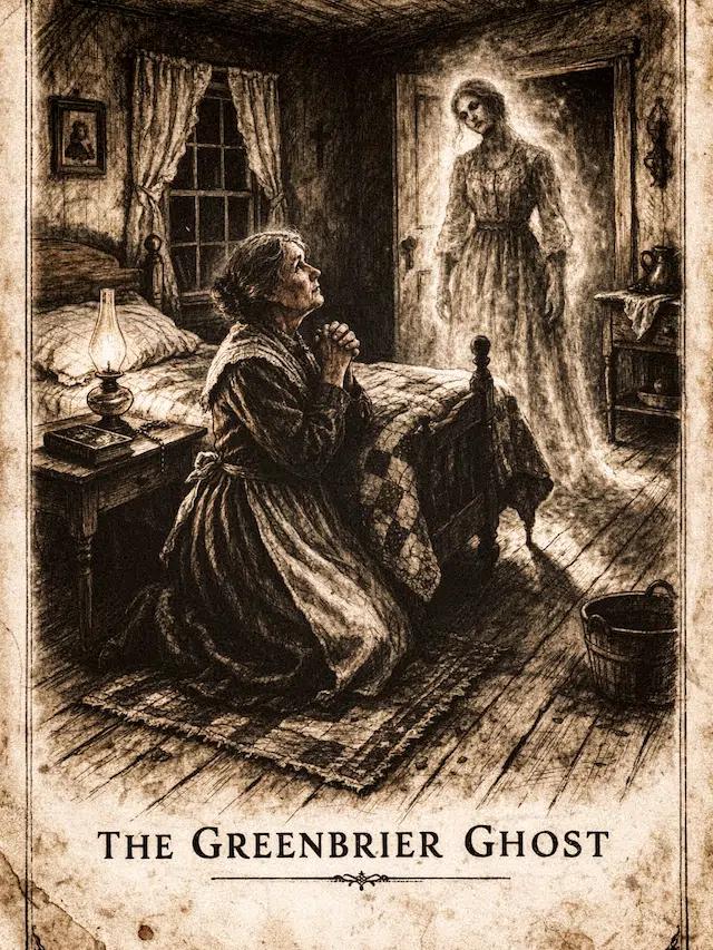 A vintage-style illustration shows a woman kneeling beside her bed in a dim Appalachian cabin, hands clasped in prayer, as the glowing apparition of a young woman in a long dress appears in the doorway. The scene depicts the legend of the Greenbrier Ghost, where a murdered bride is said to have returned to reveal her killer.