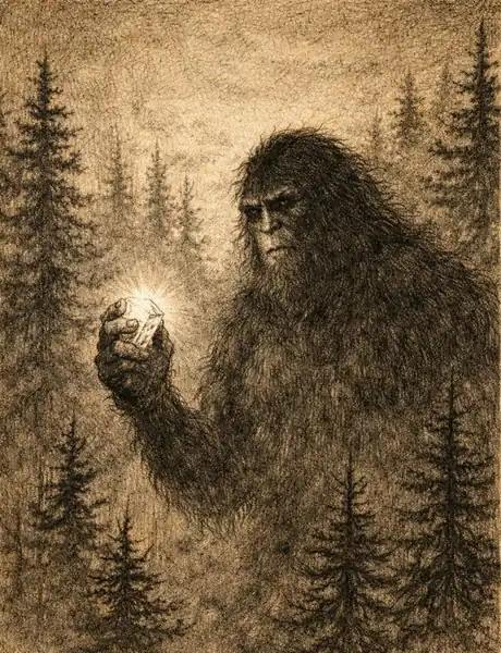 A dusk silhouette between balsam trunks near a creek, with a small glinting cache of gemstones staged like a Bureau evidence plate.