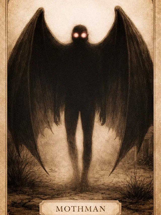 intage field-guide illustration of Mothman, a tall, dark humanoid cryptid with huge bat-like wings, glowing red eyes, and clawed hands and feet. It stands in a barren landscape with faint trees in the background, rendered in sepia tones, with “MOTHMAN” printed at the bottom like an old case file plate.