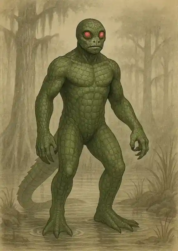 Field-guide style illustration of the Lizard Man of Scape Ore Swamp: a tall, muscular, humanoid reptile with green, scaly skin, glowing red eyes, clawed hands and feet, and a thick tail, standing ankle-deep in murky swamp water with misty cypress trees in the background.
