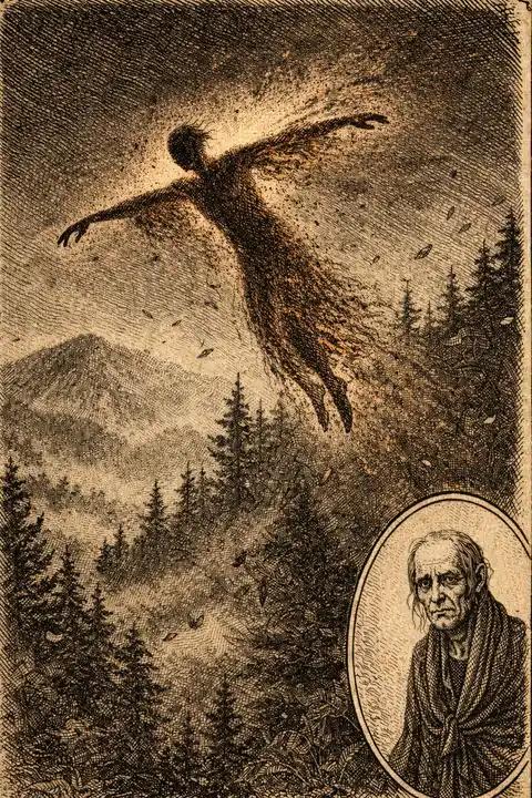 Sepia-toned vintage field-guide illustration of the Raven Mocker as a dark, human-shaped figure flying over a dense mountain forest, trailing sparks/embers through a stormy sky; an inset oval portrait shows a gaunt, elderly person with a severe expression, and a label at the bottom reads “RAVEN MOCKER.”