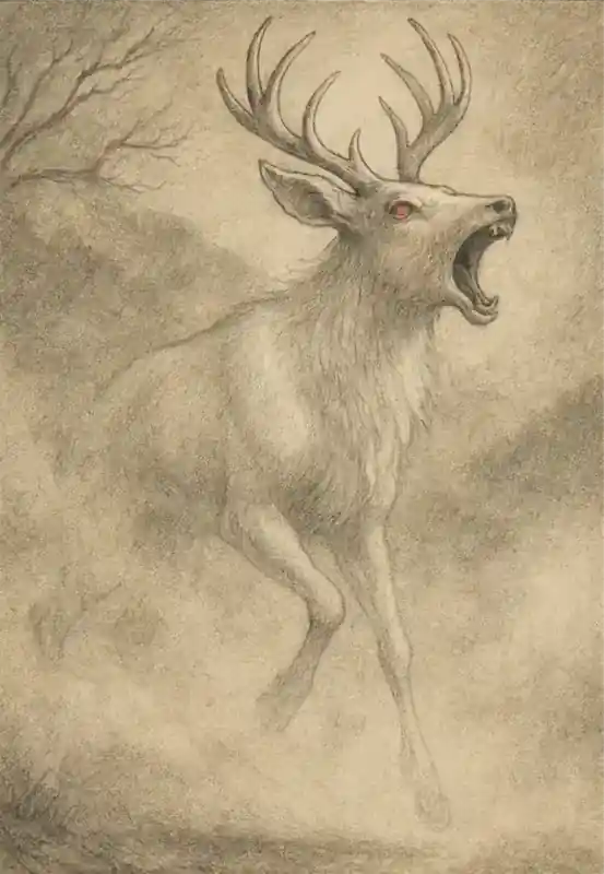 Field-guide style illustration of the White Screamer as a ghostly white stag with large antlers, glowing red eyes, and an open, roaring mouth, galloping through thick fog in a barren, misty landscape.