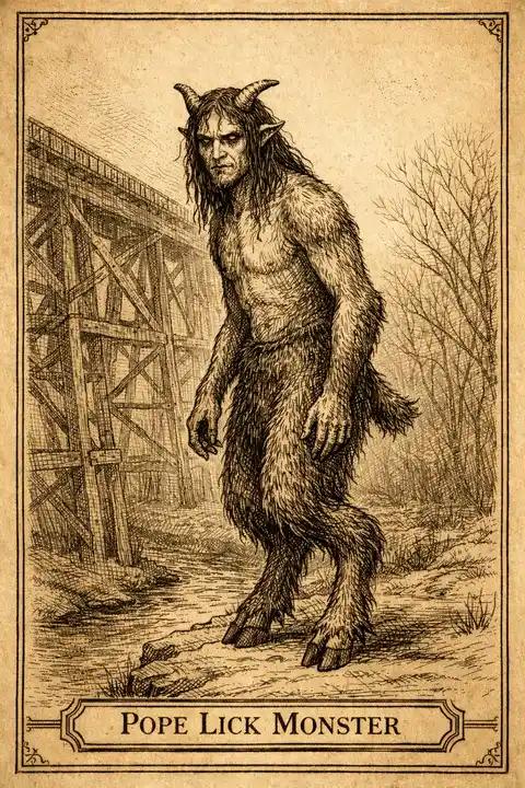 A sepia-toned vintage field-guide illustration of the Pope Lick Monster—a horned, goat-legged humanoid with shaggy fur and long dark hair—standing by a shallow creek beneath a tall wooden trestle bridge, with bare winter trees in the background and a label reading “Pope Lick Monster.”  ￼