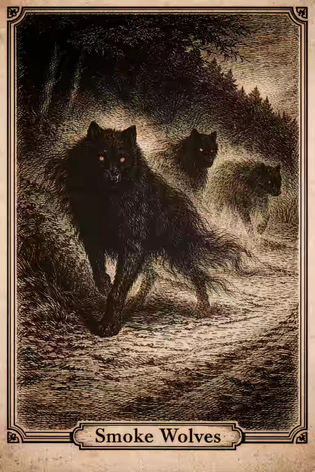 Sepia-toned vintage field guide illustration labeled “Smoke Wolves.” Three dark, wolf-like figures emerge along a forest path at dusk, their bodies partially dissolving into mist. The lead wolf strides forward with glowing red eyes and wind-swept fur, while two shadowy wolves follow behind in the haze. Dense trees line the path, and the scene is rendered in detailed cross-hatching on aged parchment with an ornate antique border and a nameplate at the bottom reading “Smoke Wolves.”