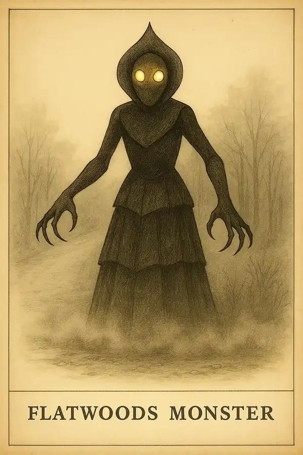 Sepia field-guide illustration of the Flatwoods Monster: a dark, hooded figure with glowing yellow eyes and long clawed hands emerging from fog; caption reads “FLATWOODS MONSTER.”