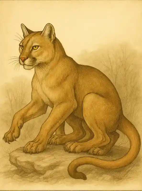 Field-guide style illustration of the Wampus Cat, a large six-legged, cougar-like creature with glowing yellow eyes and a long tail, walking through a dark Appalachian forest, with a label at the bottom that reads ‘WAMPUS CAT.