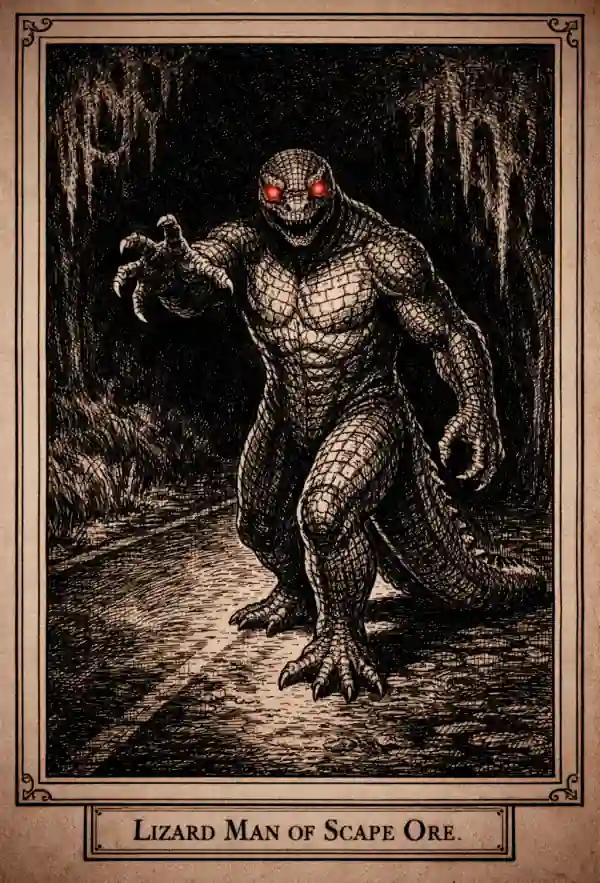 Field-guide style illustration of the Lizard Man of Scape Ore Swamp: a tall, muscular, humanoid reptile with green, scaly skin, glowing red eyes, clawed hands and feet, and a thick tail, standing ankle-deep in murky swamp water with misty cypress trees in the background.