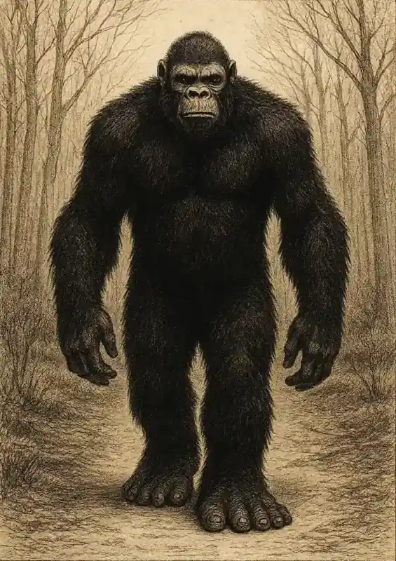 Vintage field-guide style illustration of the Fouke Monster, a tall, bulky, ape-like creature covered in dark shaggy fur, walking upright on huge bare feet along a forest path, with long arms, human-like hands, and a stern, gorilla-like face; caption at the bottom reads ‘FOUKE MONSTER.’