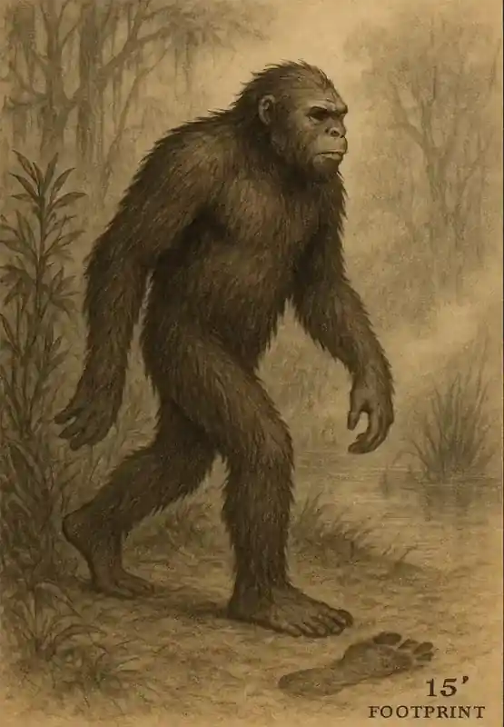 Field-guide style illustration of the Skunk Ape, a tall, bipedal, ape-like creature covered in shaggy dark hair, walking through a misty swamp with long arms and bare human-like feet, a large footprint in the mud in the foreground labeled ‘15ʺ FOOTPRINT.
