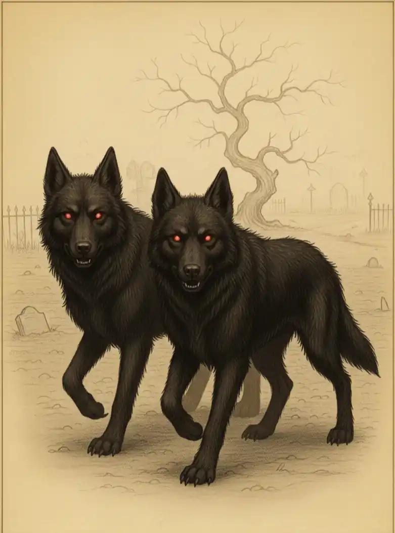 Two black hellhounds with glowing red eyes standing side by side in a sepia-toned graveyard illustration, with a bare twisted tree and distant headstones and fencing in the background.