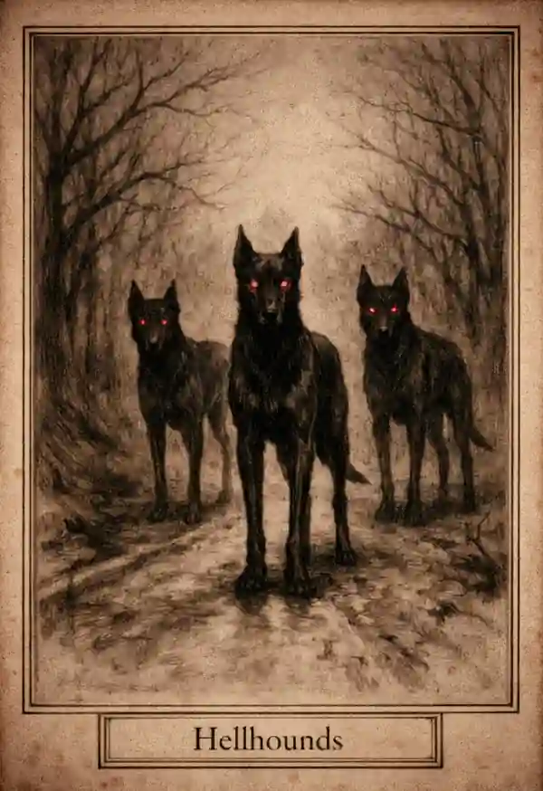 Two black hellhounds with glowing red eyes standing side by side in a sepia-toned graveyard illustration, with a bare twisted tree and distant headstones and fencing in the background.