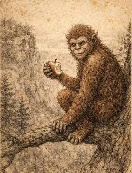 Antique parchment-style illustration of the Albatwitch, a small hairy humanoid perched on a thick tree branch holding a half-eaten apple, with a rocky overlook and distant trees behind it.