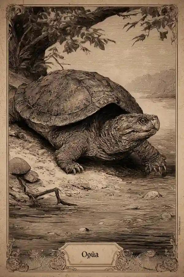 A dark, slow-moving river surface with a broad, ridged shell-back breaking the waterline near the bank; a V-shaped wake angles across the current, styled as a Bureau river-observation plate.