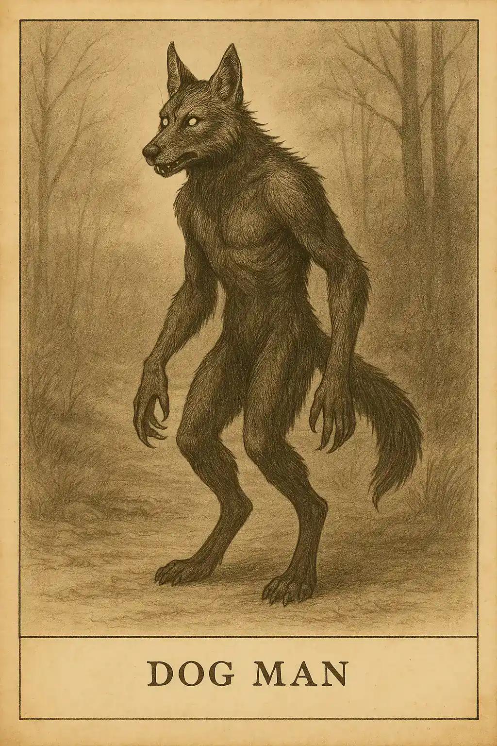 Field-guide style illustration of Dogman, a tall, bipedal canine humanoid with pointed ears, glowing pale eyes, muscular limbs, clawed hands and feet, and a long wolf-like tail, standing alert in a foggy forest; caption below reads ‘DOG MAN