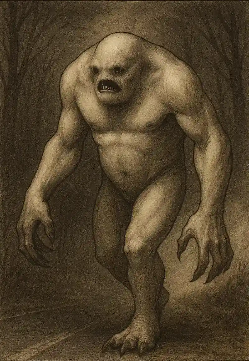 Sepia-toned field guide illustration of the Grafton Monster, a large pale, headless-looking humanoid creature with smooth skin, tiny facial features set low on its chest, long muscular arms with clawed hands, and heavy three-toed feet, striding down a dark forest road; caption at the bottom reads ‘GRAFTON MONSTER