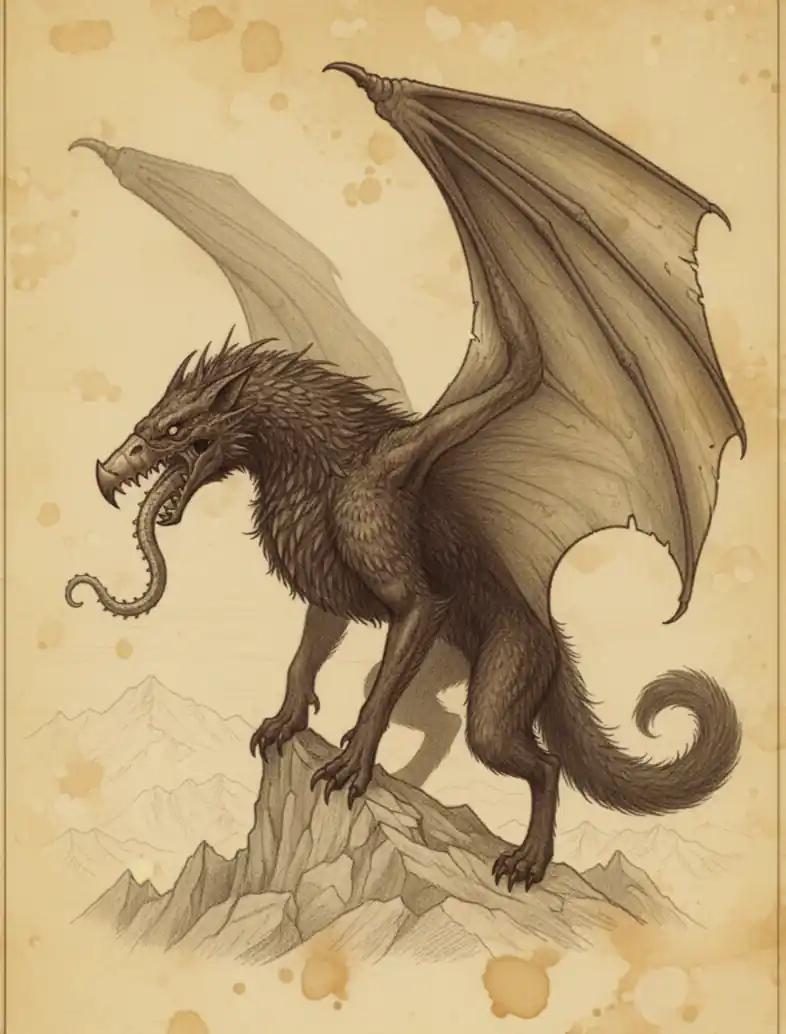 Illustrated field-guide plate of the Snallygaster, showing a large dragon-like creature with bat-style wings, shaggy fur, long curled tail, and open jaws with a protruding tongue, standing on a rocky mountain peak against a sepia, stained parchment background.