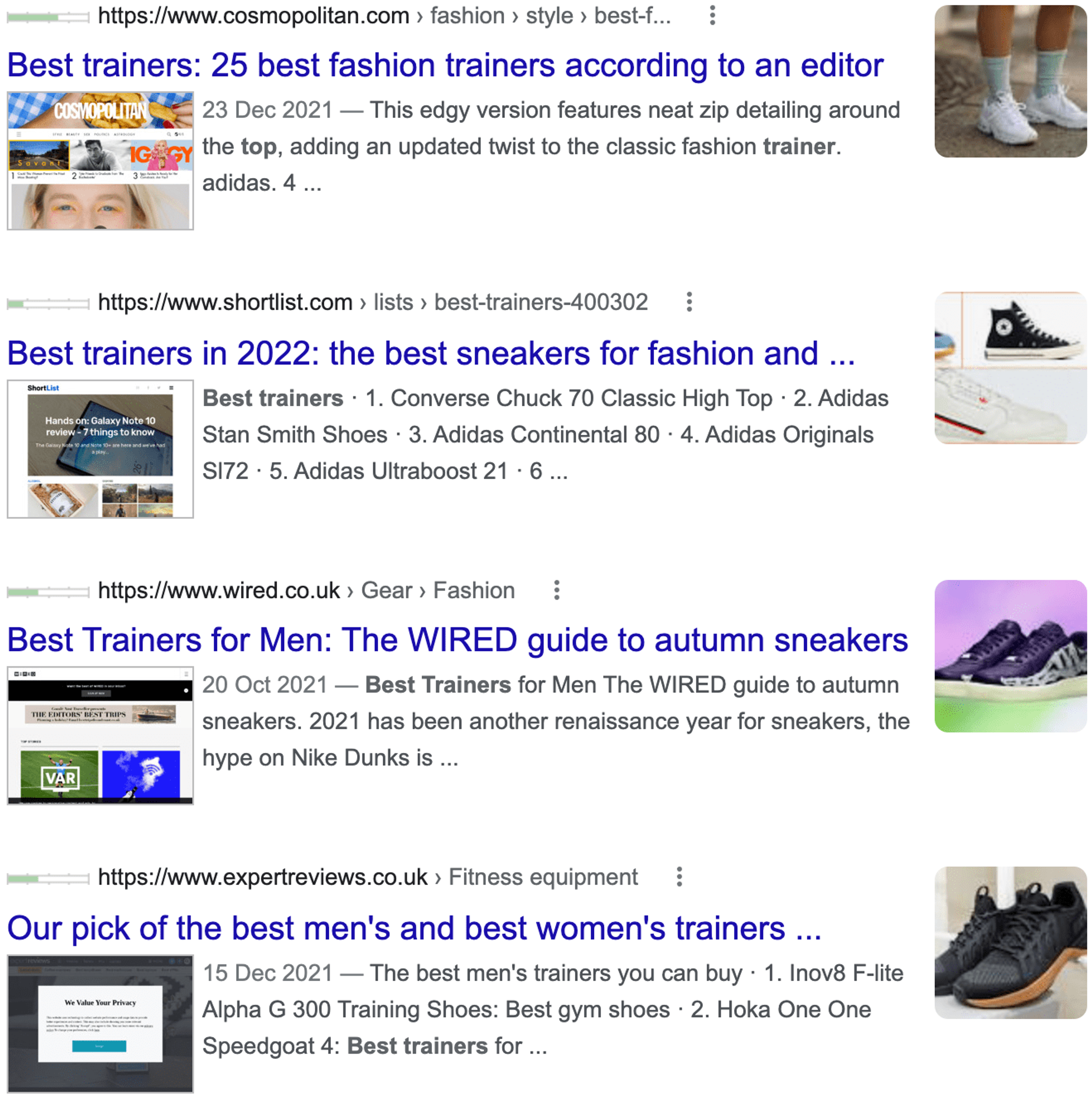 Google Search results for trainers