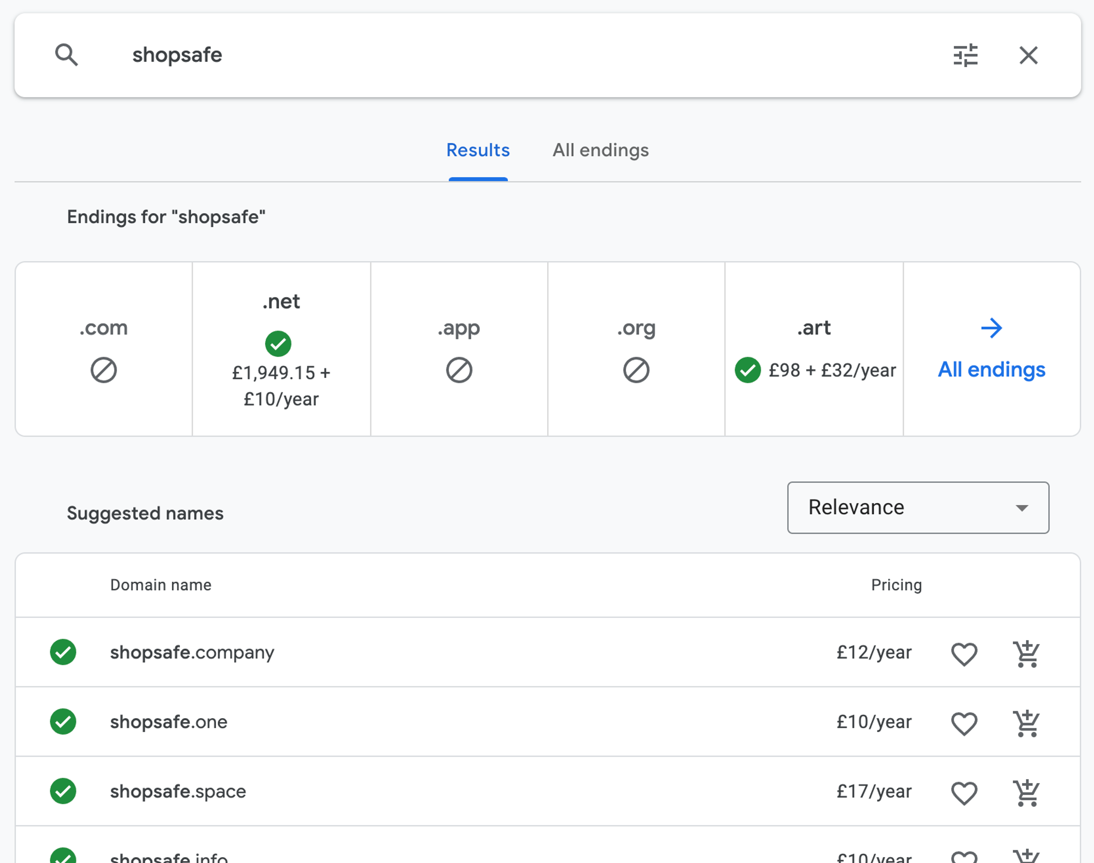 Google Domains search results