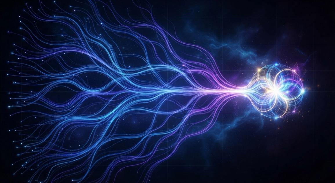 Abstract illustration of branching pathways converging toward a single glowing endpoint, with gradients of blue and violet suggesting choice, routing, and optimized flow—no text, logos, or charts.