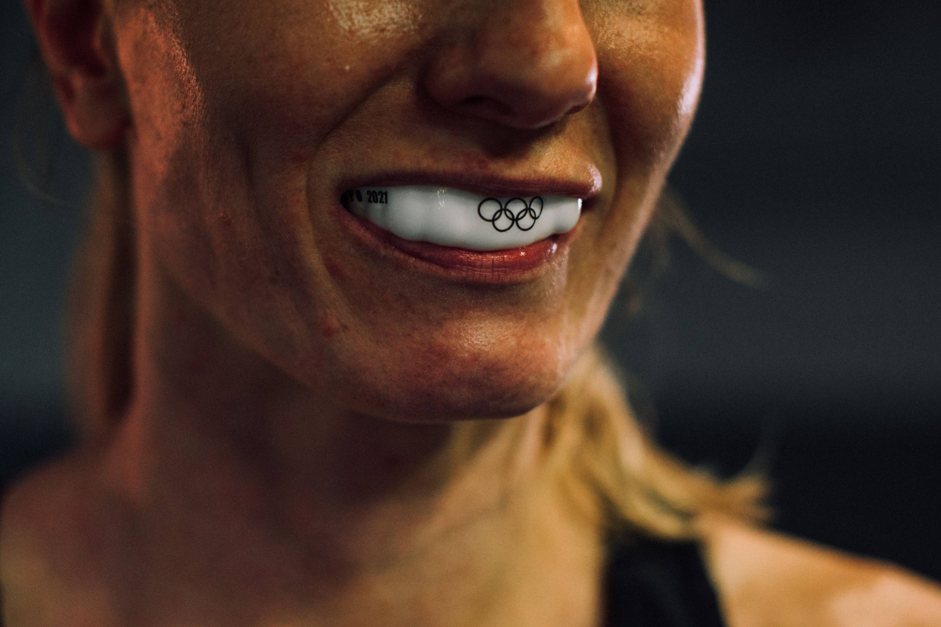 A woman wearing a gumshield