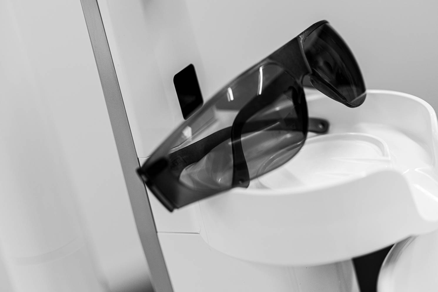 A close-up photo of protective dental glasses