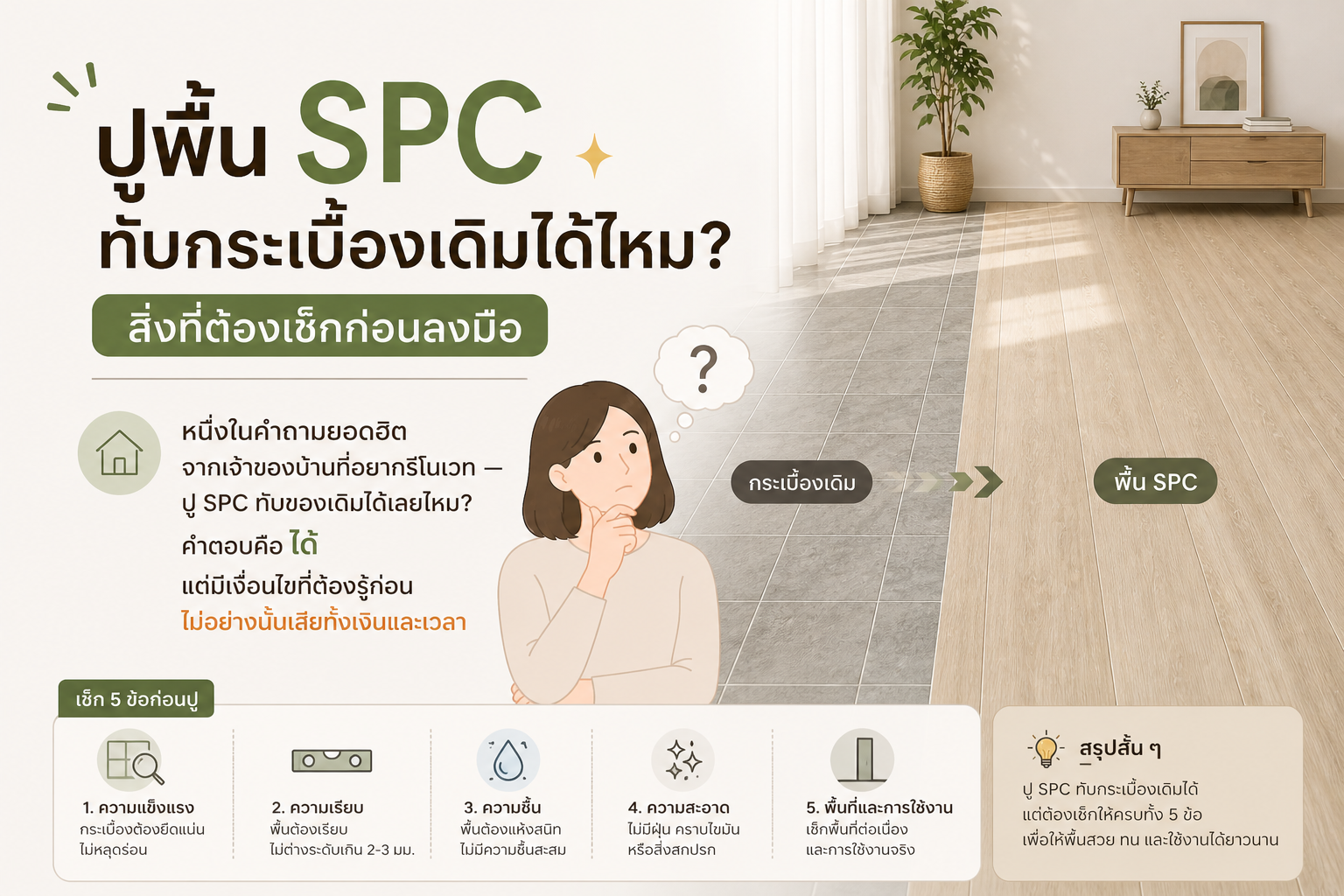 ปูพื้น SPC ทับกระเบื้องเดิมได้ไหม? สิ่งที่ต้องเช็กก่อนลงมือ
