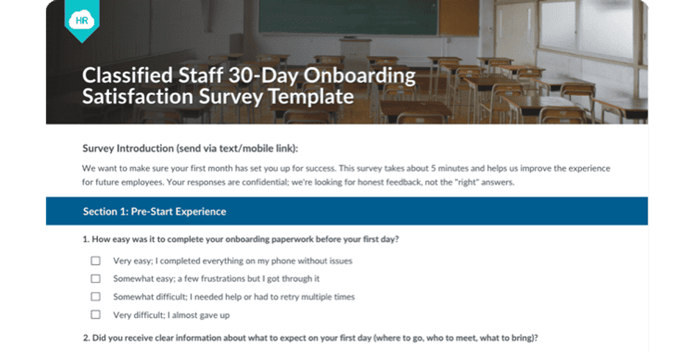 Classified Staff 30-Day Onboarding Satisfaction Survey Template