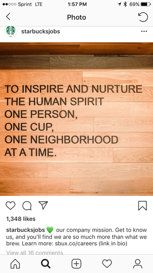 A screenshot of two @starbucksjobs Instagram posts, one congratulating their employees who have graduated from Arizona State University and another showing their company mission statement